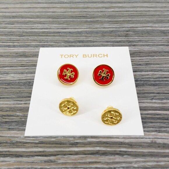 Tory Burch Kira Enamel Circle Stud Earrings Poppy Red/ Tory Gold OS - Picture 8 of 12